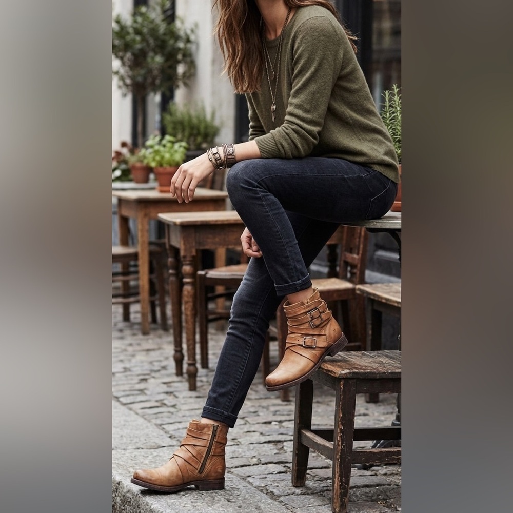 Frye Veronica Multi Strap Leather Moto Boots Tan Brown Women’s 6.5 Distressed